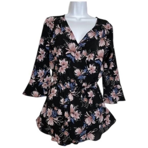 One Clothing Floral Romper Small Black Purple Ruffle Hem Long Sleeve Indie Boho - Picture 7 of 7